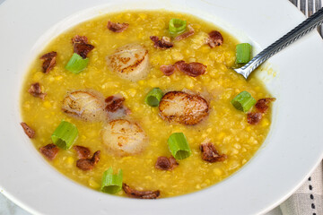seared scallops  with  cream corn , bacon and scallions.