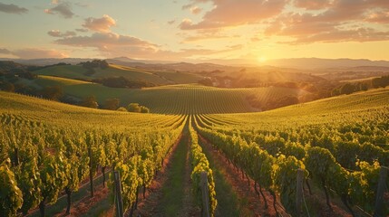 Picturesque vineyard with rows of grapevines and rolling hills, golden hour