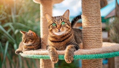 Brown tabby cat with green eyes lying on a scratching tower, tries to catch the tail of another cat