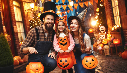A joyful family is celebrating Halloween outdoors in their festive costumes, posing with pumpkins and enjoying the spooky festivities