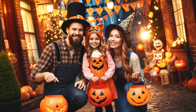 A joyful family is celebrating Halloween outdoors in their festive costumes, posing with pumpkins and enjoying the spooky festivities