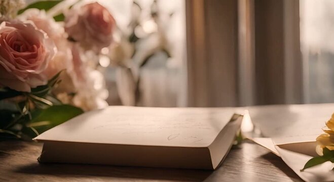Film a close-up of a handwritten love letter beside a bouquet of flowers on a wooden table, with natural light streaming in and a soft focus on the delicate details