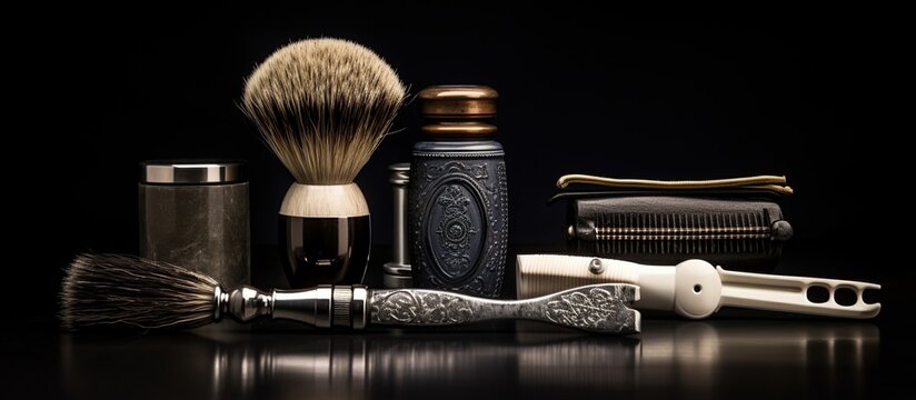 On a black dusty surface are old barber tools