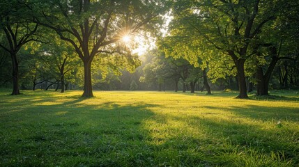 Sunlight filters through trees in a lush field at dawn