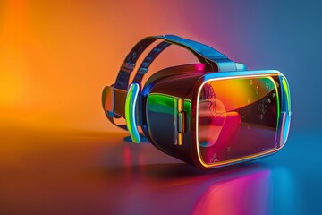 Colorful VR Headset with Neon Lights in a Vibrant Abstract Background Highlighting Immersive Virtual Reality and Advanced Technology