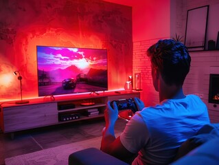 A man playing video games on the TV with an interactive game pad in his hands, sitting comfortably and enjoying video games. The living room is decorated with ambient led red lights