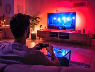 A man plays a video game on a large screen TV in a cozy, dimly lit living room. The room is illuminated with warm and colorful lighting, creating a relaxed atmosphere.
