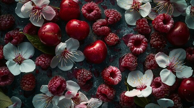 cherry blosom petals and raspberry