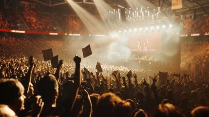 Energetic Campaign Rally in Packed Sports Arena with Enthusiastic Crowd Waving Banners