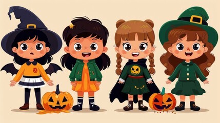 Cute Cartoon Girls in Halloween Costumes with Pumpkins