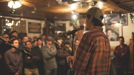 Obraz premium Post-Election Candidate Speech to Close Supporters - Intimate Gathering, Political Campaign