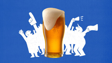 Glass of beer with foam surrounded by happy cartoon figures celebrating winning game with raised hands against blue background. Contemporary art collage. Concept of sport, tournament, event