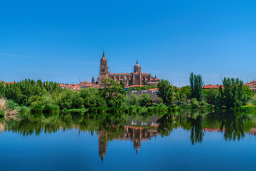 Obraz premium Salamanca Spain cathedral view over Tormes river Castile and Leon historic city