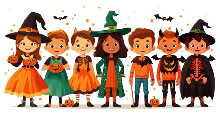 Group of Happy Children Dressed in Halloween Costumes