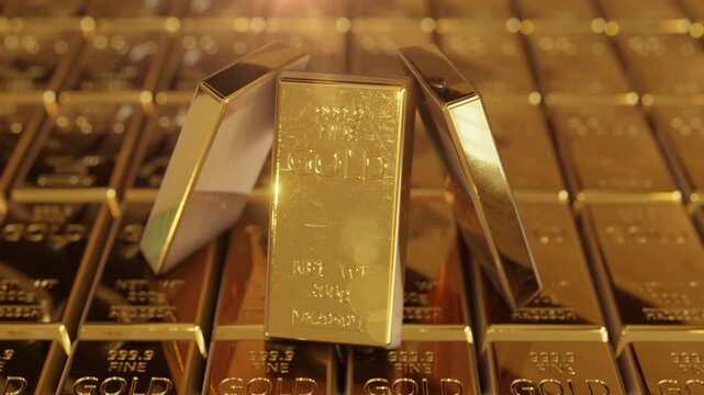 Pyramid of gold bars. The camera rotates around the gold bricks. Precious metals are the most profitable investment during a crisis. The price of gold is always growing and it is a good investment.