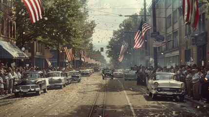 Patriotic Parade with Vintage Cars and American Flags Celebrating Homecoming Victory