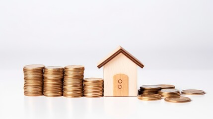 House model and coins on white background, saving money for buy a house concept