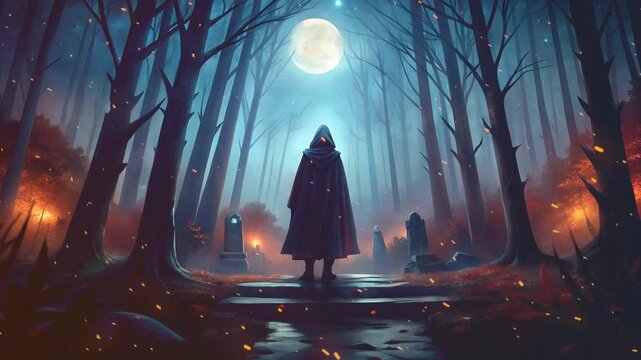 Mage Wanderer at the Edge of a Foggy, Mystical, and Creepy Forest