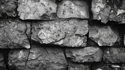 Monochrome capture of ancient wall texture with detailed stone patterns