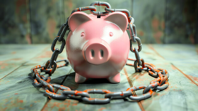 Heavy chain around a piggy bank, depicting financial debt constraint