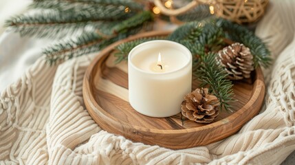 Christmas scented candle on the wooden round plate and christmas trees, Boho Decor