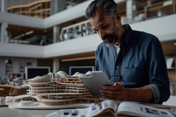 An architect is immersed in reviewing a tablet at a modern desk, prominently featuring a detailed architectural model of a building, signifying dedication and precision in design work.