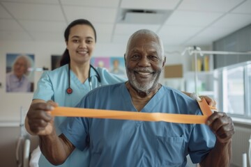 An elderly man in a blue shirt is seen working with a resistance band as a nurse assists him, highlighting the importance of physical therapy and healthcare support for seniors.