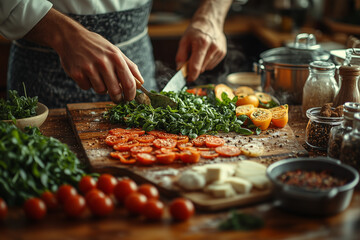 Preparing a healthy meal in a modern kitchen, with fresh ingredients and kitchen utensils, showcasing the process of healthy cooking.