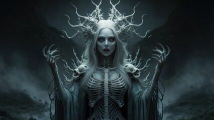 Fototapeta premium A woman with a skeleton face and long hair is standing in the dark, AI