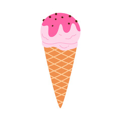 Strawberry ice cream scoop in waffle cone with chocolate chips and red sauce vector illustration