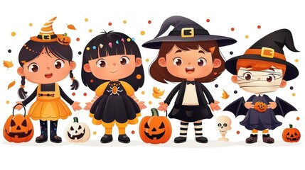 Cute Kids in Halloween Costumes with Pumpkins