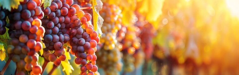 Sunlit Vineyard with Clusters of Ripe Grapes