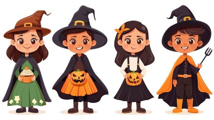 Cute Kids in Halloween Costumes Holding Treats