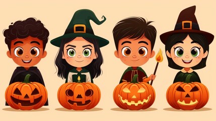 Fototapeta premium Cute Kids in Halloween Costumes with Jack-o'-Lanterns