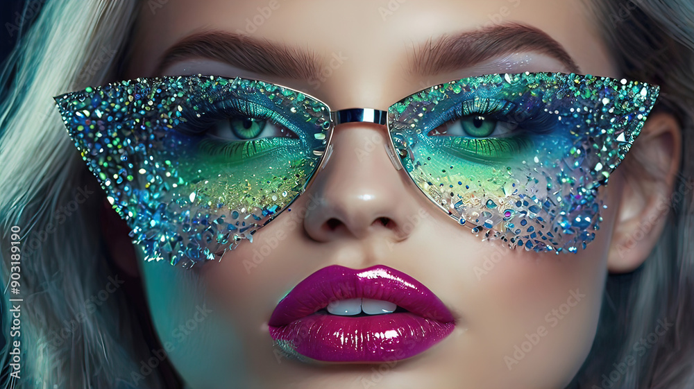 Wall mural computer portrait of a girl with shiny lipstick, model girl demonstrates transparent glasses with mu