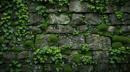 Moss covered stone walls with green vegetation surrounded by nature