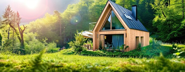 House in forest with greenery around, modern energy efficiency construction