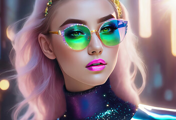 Obraz premium Computer portrait of a girl with shiny lipstick, model girl demonstrates transparent glasses with multi-colored glitter,