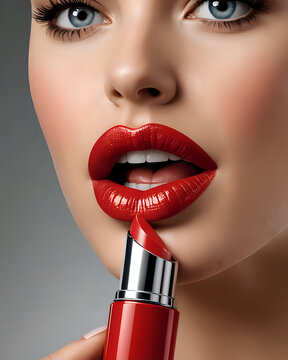 Close-up p&oacute;ster cara mujer pint&aacute;ndose los labios