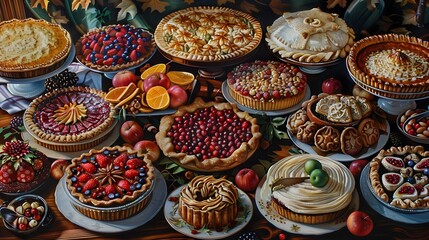 Fototapeta premium Thanksgiving Themed Pie Contest Displaying Diverse and Delectable Homemade Dessert Entries