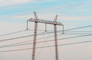 Electricity pylon transmission towers and electrical wires