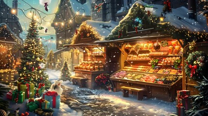 Festive Holiday Market Stalls with Unique Gifts and on a Snowy Winter Street