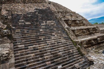 Pyramid of the Feathered Serpent or Quetzalcoatl in the archaeological zone of Teotihuacan, the city with the largest pyramids in Mesoamerica in the State of Mexico. 