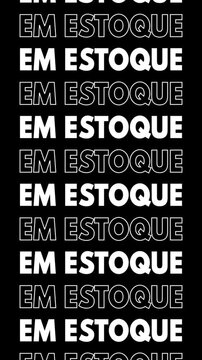 Video with the text "Em estoque" changing to white fill and white outline on a black background, moving up the screen.