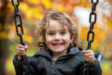 A cheerful child with curly hair grins widely while sitting on a swing, radiating joy and excitement, with the vibrant colors of autumn leaves in the background.