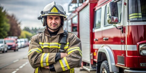 Firefighter standing confidently in front of fire truck on the street.