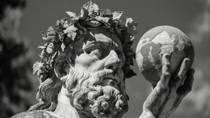 Black and White Greek Statue Holding Globe