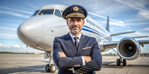 Confident pilot standing in front of airplane on sunny day.