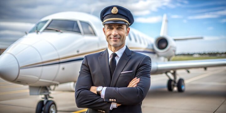 Confident Pilot Standing in Front of a Private Jet on an Airfield.