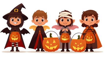 Kids in Halloween Costumes Trick-or-Treating with Pumpkins